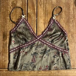 Nasty Gal Floral Lace Trim Tank Top - Olive and Burgundy